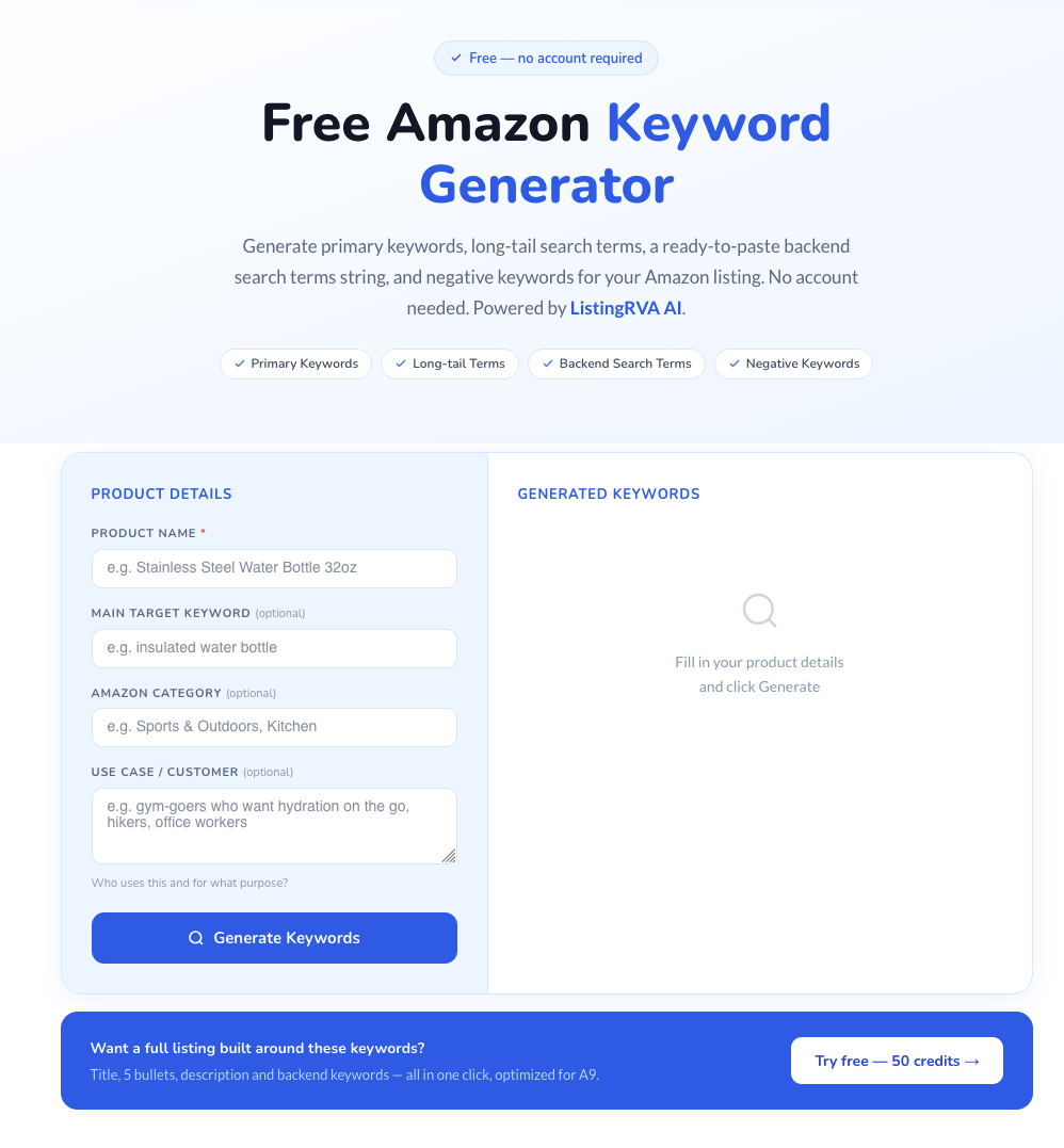 Free Amazon Keyword Generator by ListingRVA AI generating long-tail and backend keywords from a product