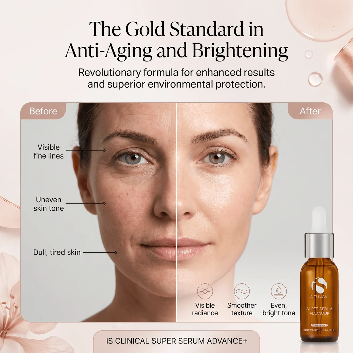 AI generated before and after split-frame for a skincare serum, contrasting fine lines and uneven tone with visible radiance, smoother texture and an even, bright tone
