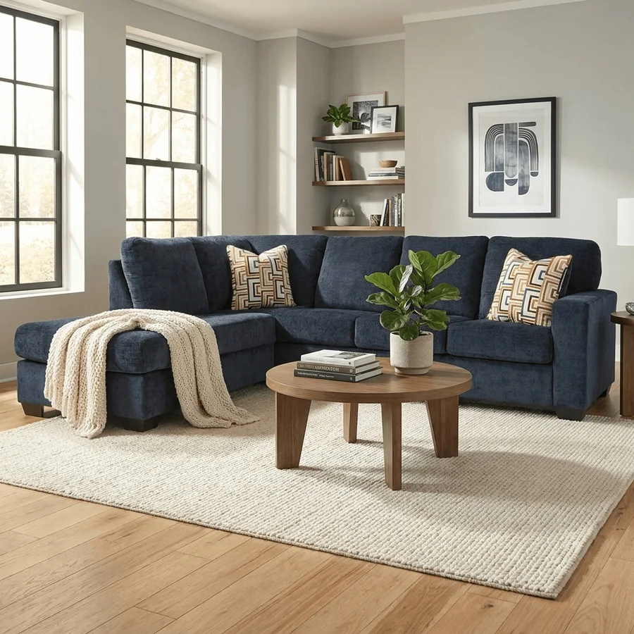 A navy three-seat sofa photographed in a styled living room with a rug, wooden coffee table and soft daylight, the kind of lifestyle frame that shows furniture scale in a real space