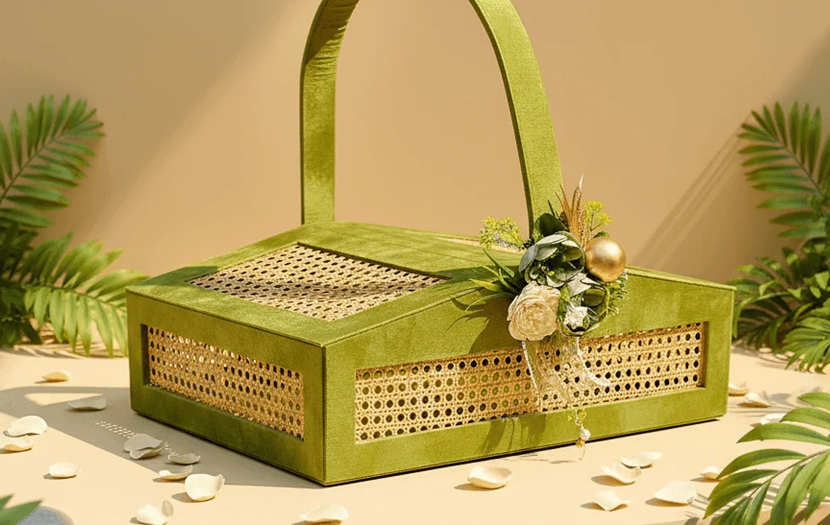 AI generated styled home decor scene showing a woven decorative basket on a soft podium with palm leaves and warm light