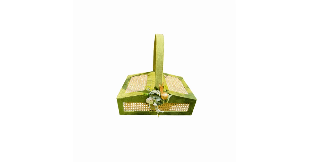 Clean white-background AI product photo of a decorative woven storage basket for a home decor ecommerce listing