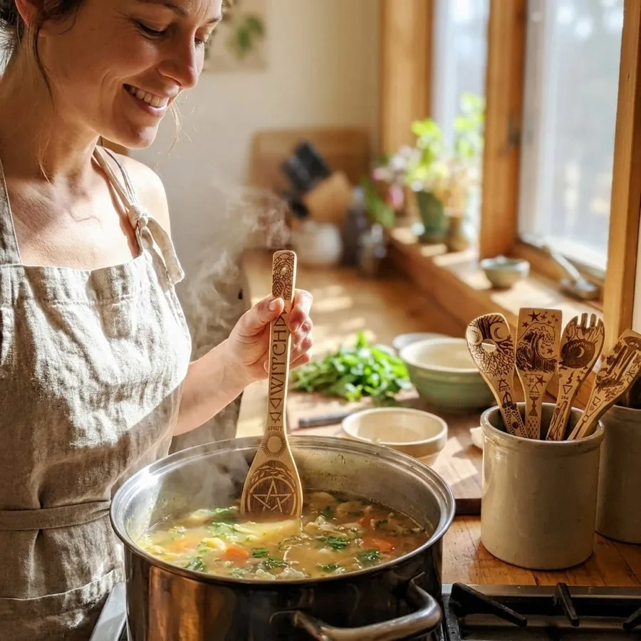 Bamboo cooking utensils in use, held over a pan on a hob in a real kitchen, showing the handle length and finish at working distance