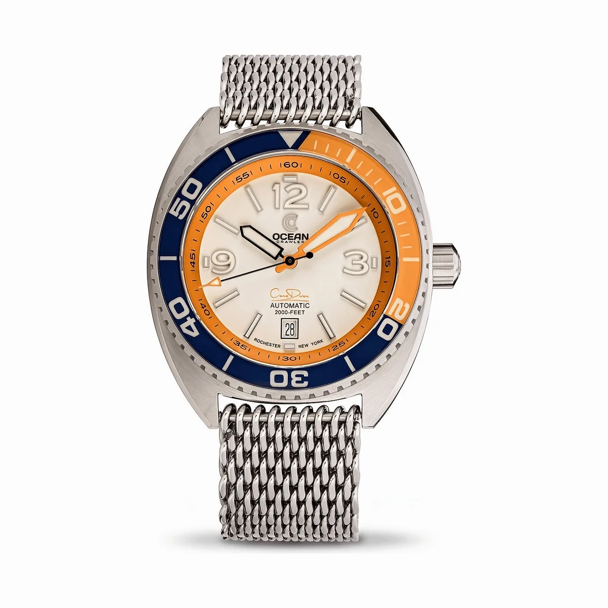 AI generated clean white-background studio photo of an automatic dive watch with an orange and cream dial and a steel mesh bracelet