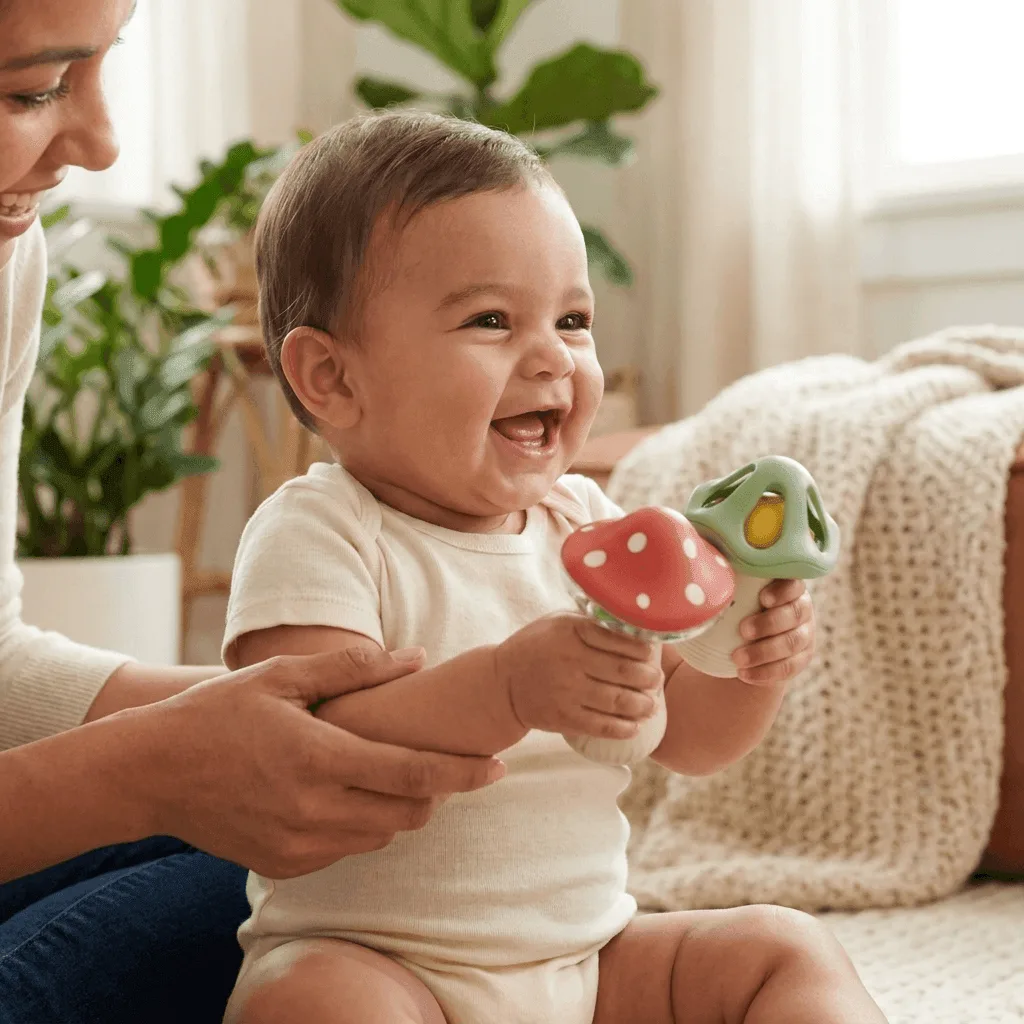 AI Product Image Generator, lifestyle photo of a baby playing with a rattle toy for Shopify and social ads